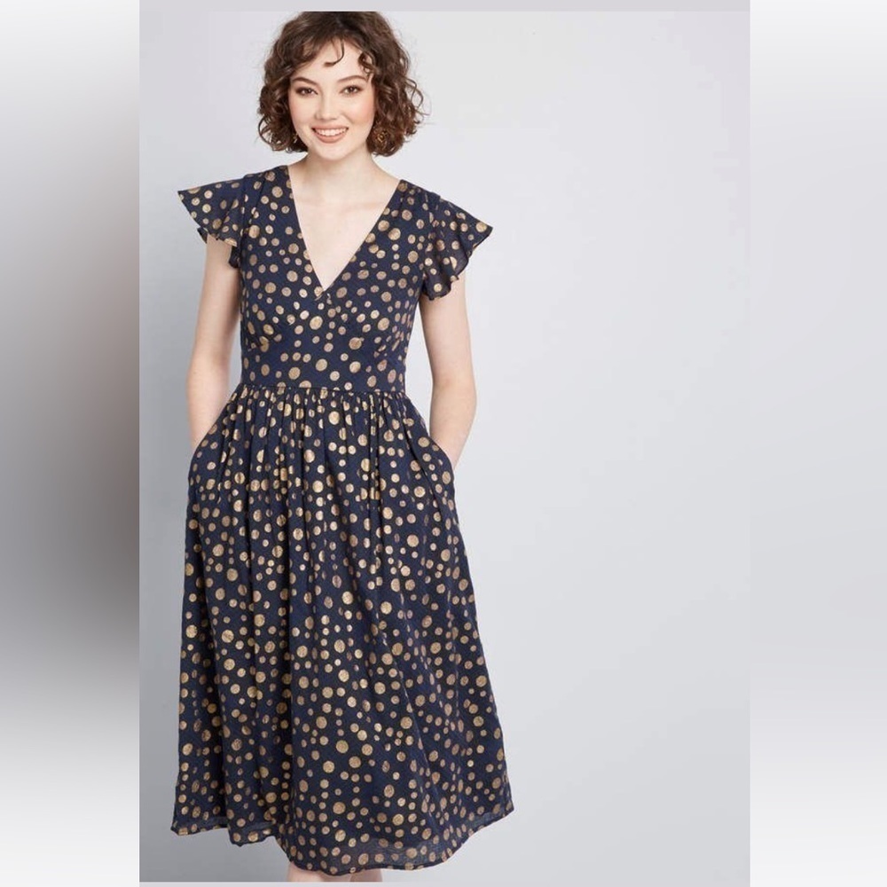Modcloth Navy Blue and gold polka dot Only You dress